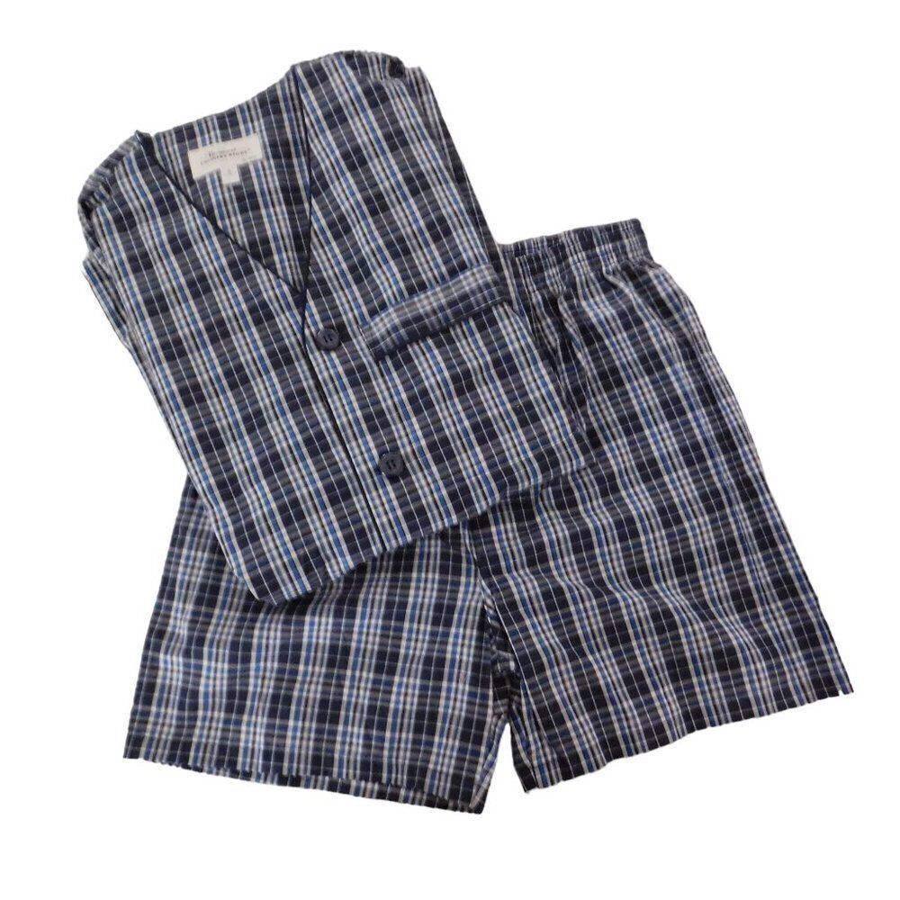 NEW Mens Cotton Pajamas Short Sleeve Shorts Blue Plaid Button Front‎ Size Small